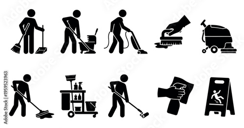 A collection of black silhouette icons depicts various cleaning activities and tools, including sweeping, mopping, vacuuming, and using cleaning carts.