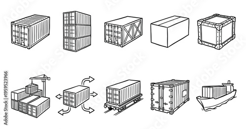 Collection of line art icons depicting various shipping containers and logistics scenes, including stacking, movement, trains, and ships.