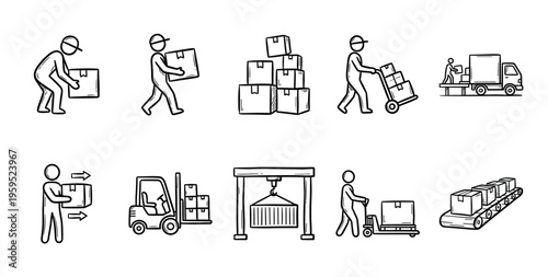 A collection of simple, hand-drawn vector icons representing various aspects of shipping, logistics, and delivery processes for business use.