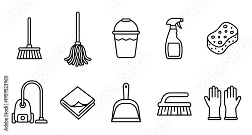 A clean line art illustration featuring a collection of essential household cleaning tools and supplies arranged in two rows against a white background.