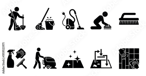 A collection of black and white silhouette icons representing various household cleaning tasks and equipment, perfect for illustrating hygiene and domestic work.