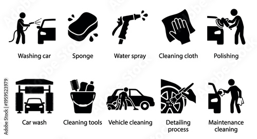 Collection of simple black and white icons illustrating various stages of car care, from washing and scrubbing to polishing and detailing, suitable for automotive services.