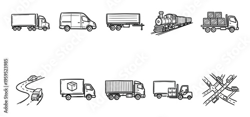 A collection of hand-drawn illustrations of various transportation vehicles including trucks, vans, trailers, a train, and a forklift.