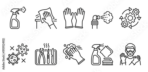 A clean, modern icon set depicting hygiene and safety measures including sanitization, protection, and health symbols for a healthy environment.