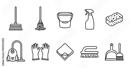 A clean, simple line art illustration features a collection of essential household cleaning tools arranged on a white background, perfect for design projects.