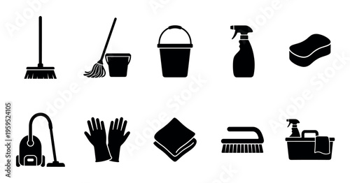 A collection of cleaning tools and supplies depicted as black silhouette icons on a white background, suitable for websites and design projects.