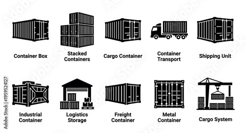 A collection of black and white vector icons representing various types of shipping containers, trucks, and logistics systems on a white background.