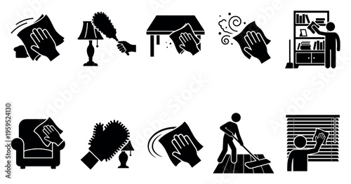 This icon set visually represents various home cleaning tasks, including dusting furniture, wiping surfaces, and mopping floors, conveying a sense of order and hygiene.