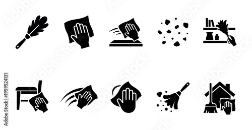 A collection of black and white iconographic illustrations depicting various cleaning activities, including dusting, wiping surfaces, and mopping floors.