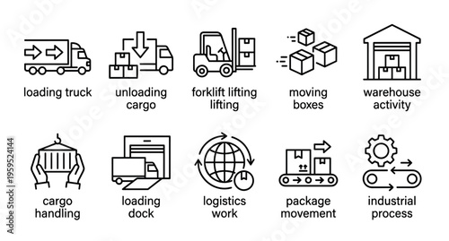 A collection of black and white line icons depicting various logistics and shipping processes including trucks, forklifts, boxes, warehouses, and conveyor belts.