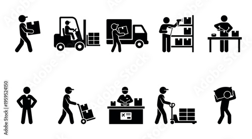 This graphic illustrates various logistics and delivery operations performed by stick figure workers including packing, loading, and transporting goods.