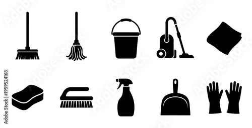 A graphic design featuring a set of black silhouette icons of common cleaning supplies against a clean white background, perfect for illustrating housekeeping and hygiene concepts.