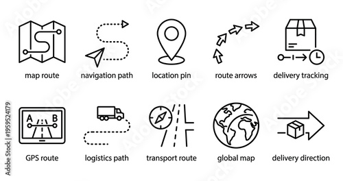 A collection of clean, modern line art icons illustrating various aspects of navigation, delivery, and logistics for digital and print use.