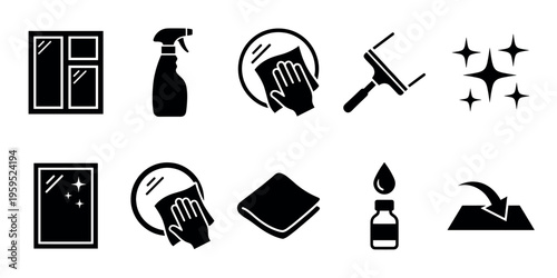 A collection of black and white vector icons illustrating household cleaning tasks including window washing mirror cleaning and disinfectant application.