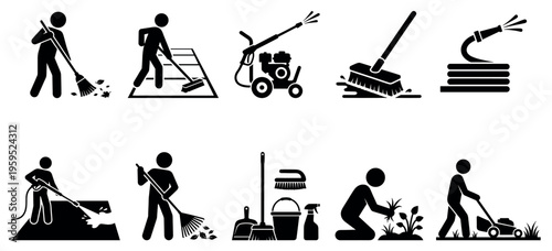 A collection of black and white pictogram icons depicting various outdoor cleaning tasks and gardening activities for easy visual communication.