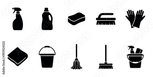Collection of black silhouette icons representing various cleaning tools and supplies, ideal for hygiene and household services.