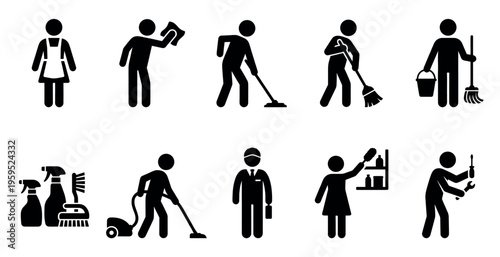 A collection of black and white pictogram icons representing various cleaning and maintenance tasks, services, and professionals.