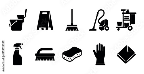 A graphic collection of ten black icons representing various cleaning tools and supplies, perfect for illustrating janitorial services, hygiene, or household chores.