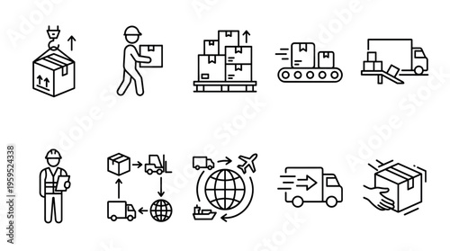 A collection of line art icons depicting various aspects of logistics, including shipping, transportation, warehousing, and delivery services, suitable for business or informational use.