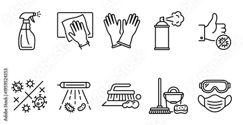 A clean, vector line art set of icons depicting hygiene and cleaning tools and concepts, including spray bottle, gloves, disinfectant, and germ symbols.