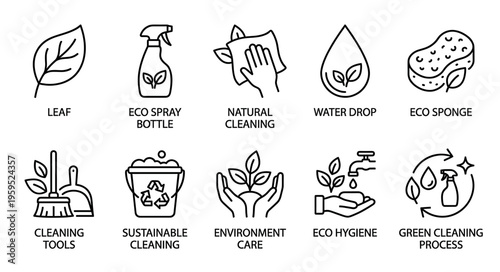 A set of simple line art icons representing eco friendly cleaning, sustainability, and hygiene with a natural theme and clean design.