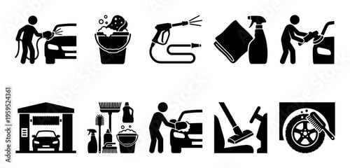 A collection of minimalist black icons representing various car washing and detailing services, including washing, waxing, vacuuming, and auto care.