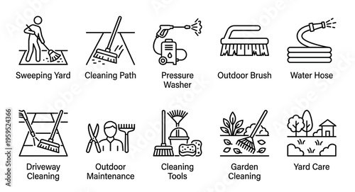 A collection of simple, clean line art icons representing various outdoor cleaning tasks and tools, suitable for web design and conceptual use.