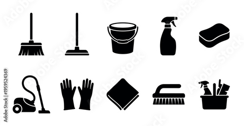 A black and white collection of icons representing various cleaning tools and supplies, useful for design projects related to housekeeping and sanitation.