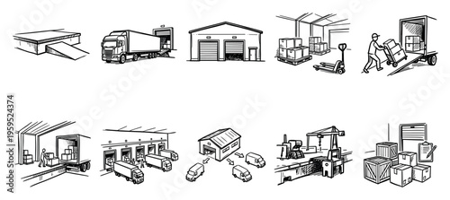 This is a collection of hand-drawn line art icons depicting various aspects of warehouse logistics, shipping, and delivery operations.