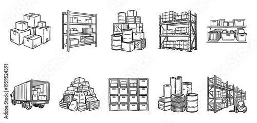 This collection of hand-drawn illustrations depicts various aspects of warehouse logistics and storage, including stacked boxes, shelves, crates, barrels, a truck, and a forklift.