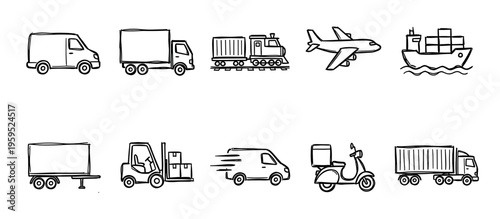 A set of simple black and white hand-drawn icons depicting various modes of transportation used for logistics and shipping, including trucks, a train, an airplane, a ship, a forklift, and a scooter.