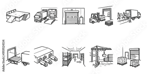 A collection of hand-drawn sketch icons illustrating various warehouse logistics and transportation scenes, including loading docks, trucks, forklifts, and cranes for conceptual use.