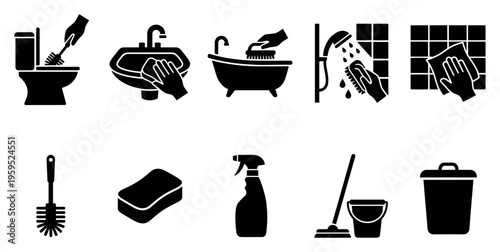 Black and white icons depict various bathroom cleaning tasks and tools including a toilet brush, sink, bathtub, shower, and cleaning supplies like a sponge and mop.