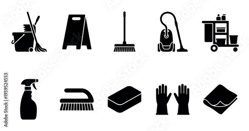 A collection of black silhouette icons depicting various cleaning supplies and equipment, ideal for representing household chores or professional cleaning services.