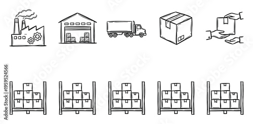 A charming collection of hand-drawn icons illustrating the complete logistics and delivery process, from manufacturing to customer receipt.