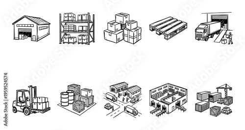 A collection of hand-drawn black and white line art illustrations depict various aspects of warehouse logistics, including trucks, forklifts, shipping containers, and storage shelving.