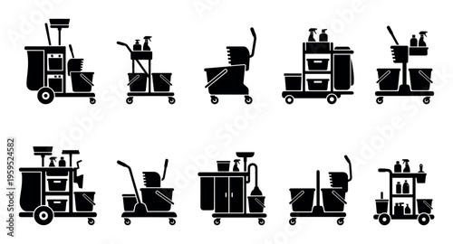 A collection of black silhouette icons depicting various cleaning carts and service trolleys loaded with essential cleaning supplies and equipment for janitorial services.