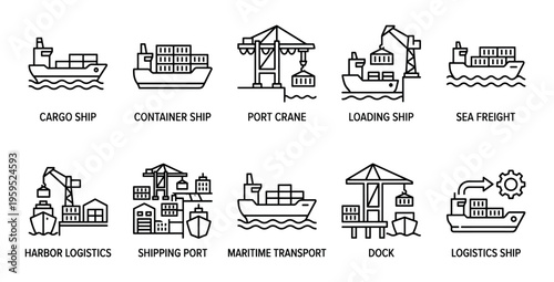 A collection of clean outline icons depicting various aspects of shipping, cargo, and port logistics, ideal for illustrating transportation and industry concepts.