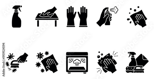 A collection of black and white vector icons representing cleaning and hygiene practices, including spray bottles, gloves, and disinfection against viruses.