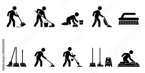 This collection of black silhouette icons depicts people performing various cleaning tasks using tools like brooms, mops, vacuums, and brushes on a white background.