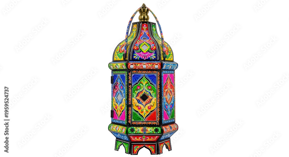 Fototapeta premium Tradycyjna latarnia ramadanowa z kolorowym witrażem, ozdobny arabski fanous ze skomplikowanymi wzorami kwiatowymi, żywa dekoracyjna lampa bliskowschodnia w izolacji PNG z przezroczystym tłem