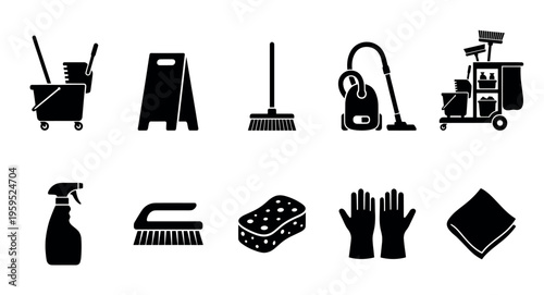 A collection of black silhouette icons representing various cleaning tools and supplies, suitable for representing hygiene and maintenance tasks.