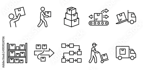 A collection of simple line art icons depicting various aspects of logistics, including delivery, warehousing, transportation, and supply chain processes, presented against a white background.