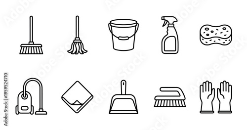 A clean, minimalist set of black line icons on a white background depicts essential cleaning tools like brooms, mops, a bucket, spray bottle, sponge, vacuum, dustpan, brush, and gloves.