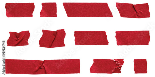 Collection of isolated red adhesive tape strips with various textures and shapes on white background