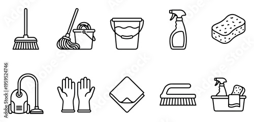 A collection of simple outline icons depicting essential household cleaning tools and supplies, perfect for illustrating concepts of hygiene and home maintenance.