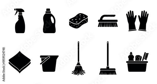A collection of black silhouette icons represents various cleaning tools and supplies arranged on a white background, ideal for use in design projects.