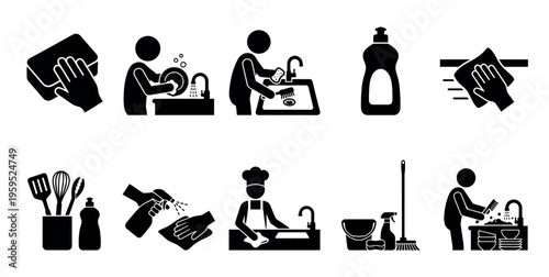 Collection of simple black silhouette icons depicting various cleaning activities, including washing dishes, spraying surfaces, and wiping.
