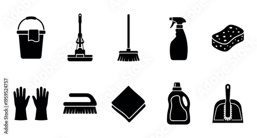 A collection of black silhouette icons representing various household cleaning tools and supplies, set against a white background for easy compositing.