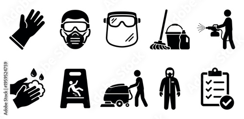 A collection of black silhouette icons depicting various cleaning, safety, and protective equipment for hygiene and sanitation, perfect for illustrating health guidelines.